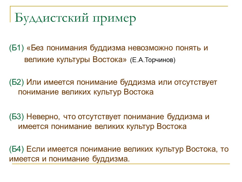 Буддистский пример (Б1) «Без понимания буддизма невозможно понять и великие культуры Востока» (Е.А.Торчинов) (Б2)